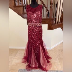 Jovani Burgundy Lace Evening Gown